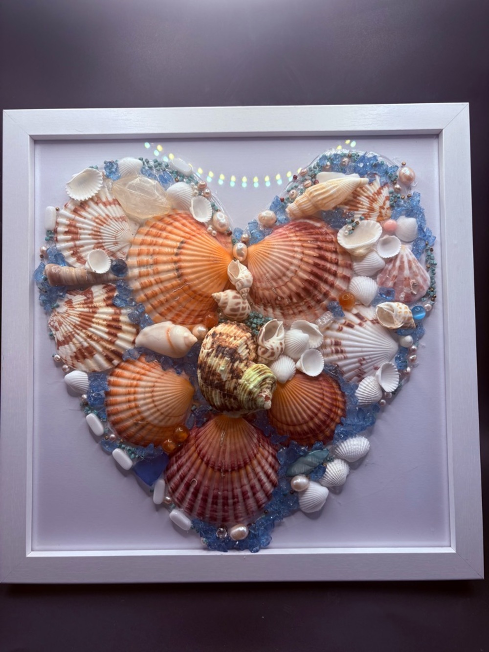 Coastal Seashell Glass and Resin Heart Wall Art – Framed 11” Shadowbox
